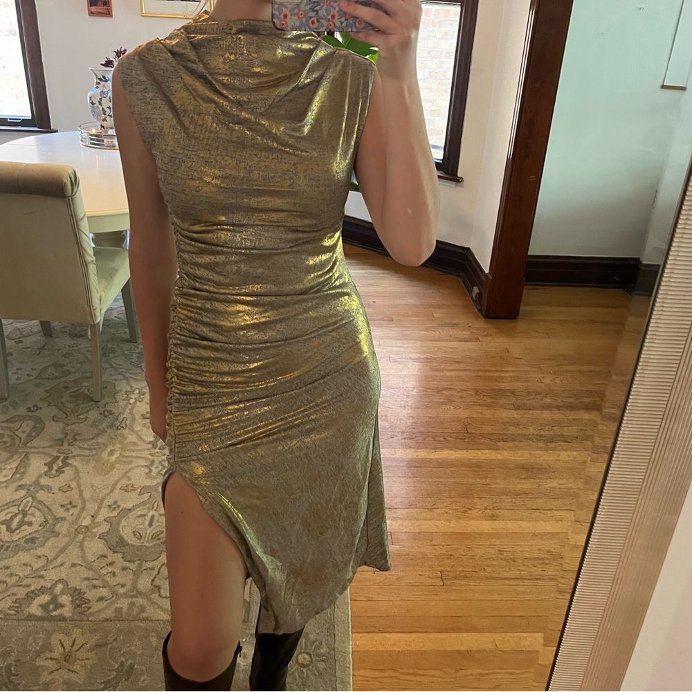 Anthropologie Gold and Silver Ruched Dress with side slit
